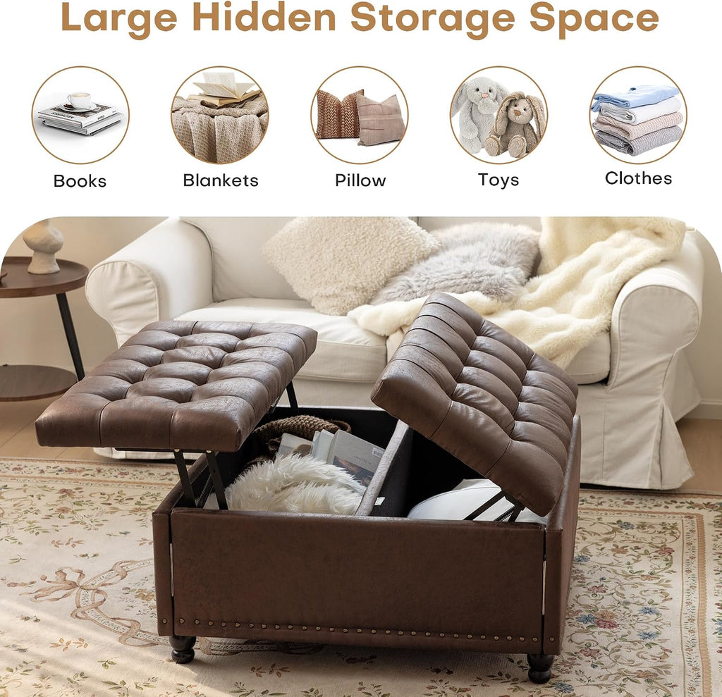 Redlife 35 Inch Large Square Storage Ottoman, Storage Ottoman Coffee Table with Lift Top Faux Leather Ottomans Bench Square Footrest Oversized Upholstered Coffee Table for Living Room (Dark Brown)
