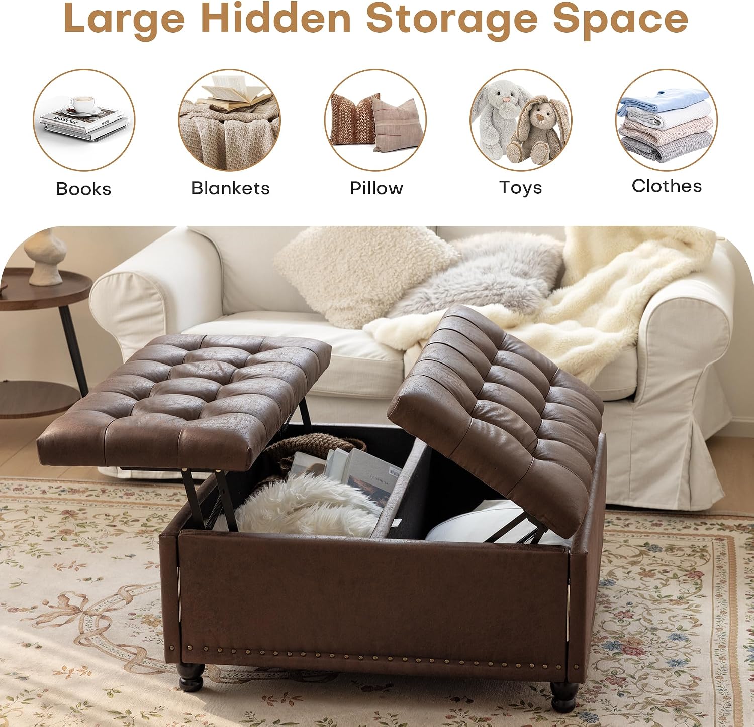 Redlife 35 Inch Large Square Storage Ottoman, Storage Ottoman Coffee Table with Lift Top Faux Leather Ottomans Bench Square Footrest Oversized Upholstered Coffee Table for Living Room (Dark Brown)