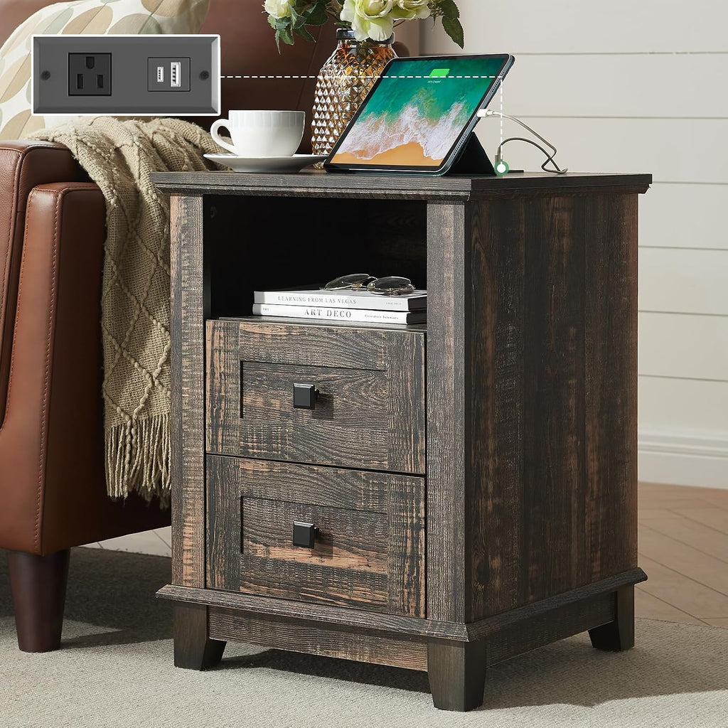 AMERLIFE 18' Farmhouse Nightstand Set of 2, End Table with Charging Station, with 2 Storage Drawers, Bedside Table with USB Ports, Rustic Oak Black