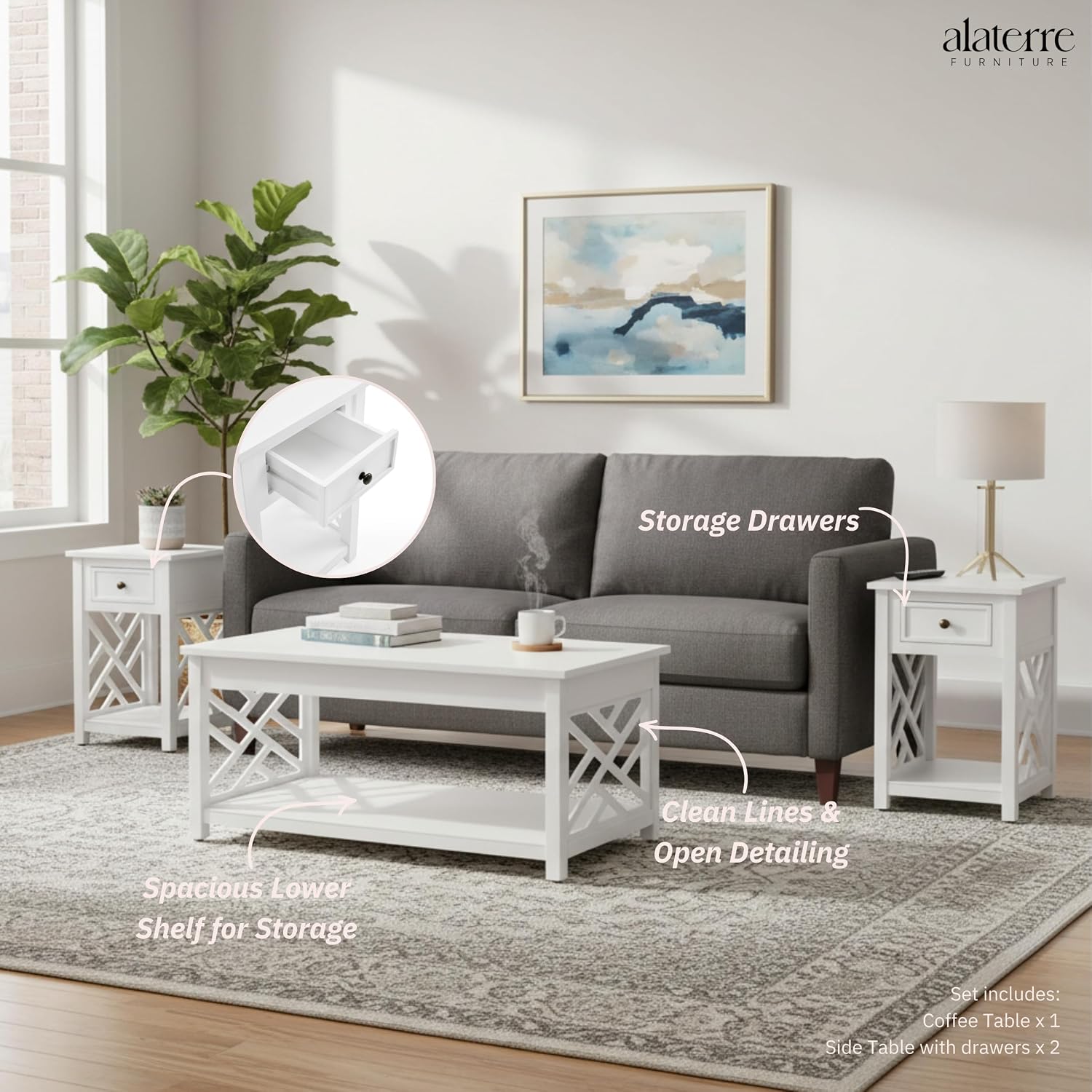 Coventry 36 in. Coffee Table and 2 End Tables with Drawers - Cottage-Style Living Room Furniture Set with Open-Design Decorative Details - Accent Tables with Storage Compartment