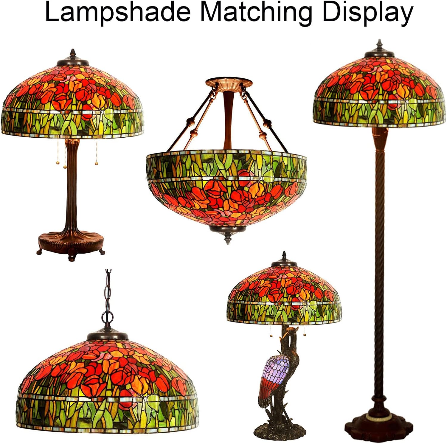 20 Inch Tiffany Lamp Shade Replacement, Only Handmade Stained Glass Lamp Chimney, Red Blue Flower Green Leaves Glass Beads Design, for Table Lamp, Pendant Light, Floor Lamp,Tulip
