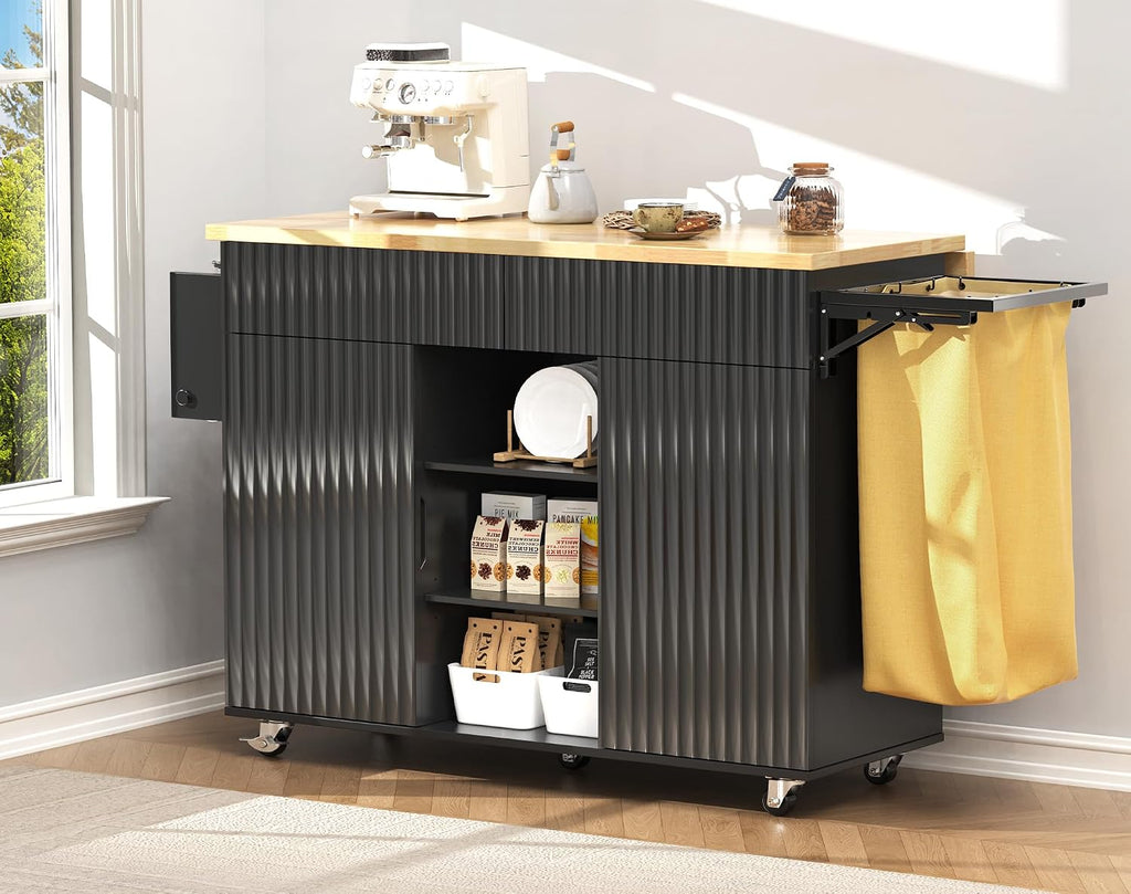 43.3' x 29.5' Kitchen Island with Drop Leaf, Rolling Kitchen Island on Wheels with Removable Trash Bag, Kitchen Island Cart with Storage Cabinet, Drawers & Spice Rack, Black