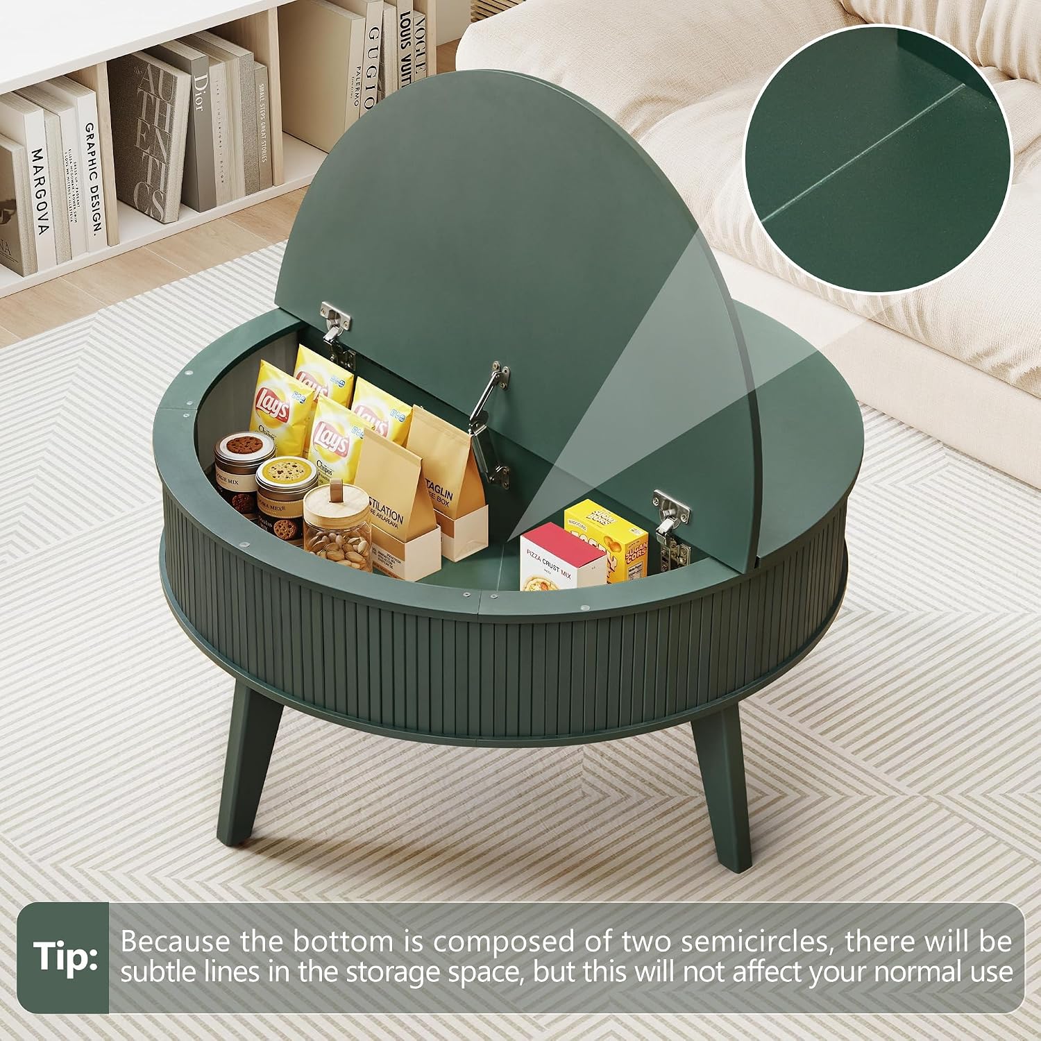 Round Lift Top Coffee Table with Storage, 35.4'' Fluted Wood Center Table Mid Century Modern Coffee Table with Lifting Top for Living Room, Office, Small Space Green