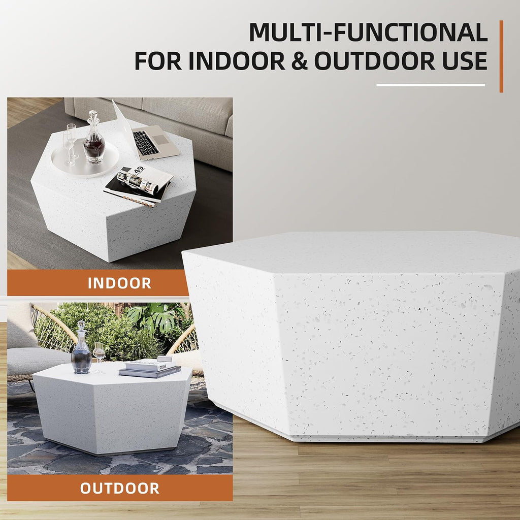 UPHA 35' Hexagon Outdoor Coffee Table, Modern Hollow Concrete Patio Table, Small Minimalist Low Accent Table for Living Room, Balcony, Deck, Backyard, Off-White