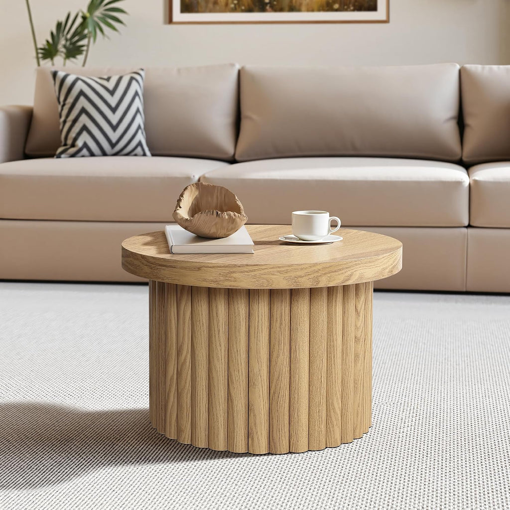 LuxenHome 23.5' Small Round Coffee Table, Wooden Fluted Oak Accent Table, Modern Side Tables for Living Room