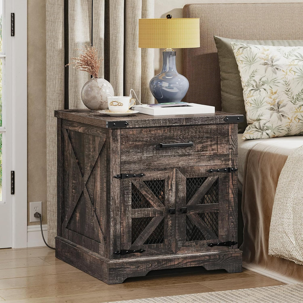 RALGEND Farmhouse End Table with Charging Station, 24' Large Sofa Side Table with Drawer, Large End Table for Living Room, Wooden Nightstand with Outlet, Square, Dark Rustic Oak