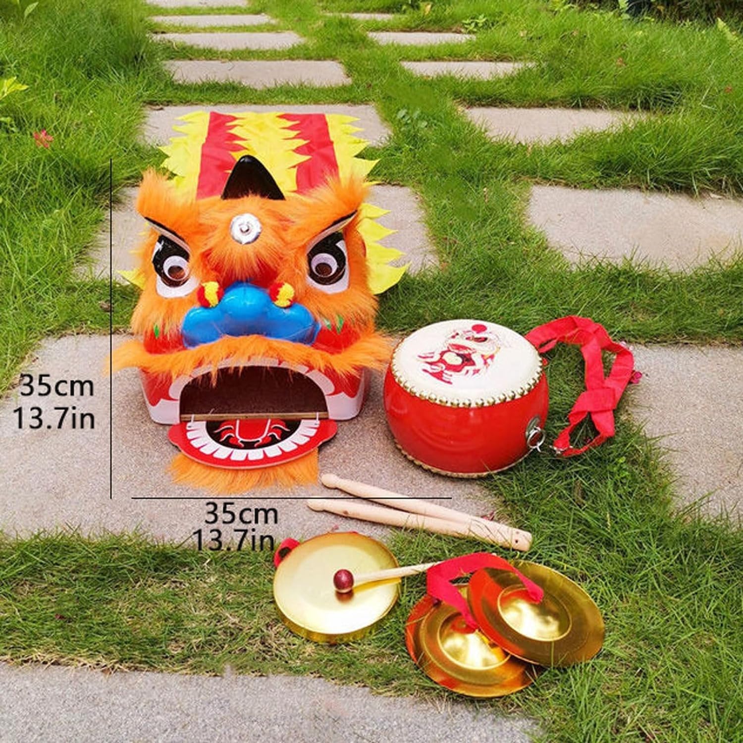 14 Inch Lion Dance Chinese New Year Lion Dance Outdoor Sports Costume Drum Gong Cymbals Dragon and Lion Dance Costume for 512 Age Boy Girl Party Carnival Festivall(White)