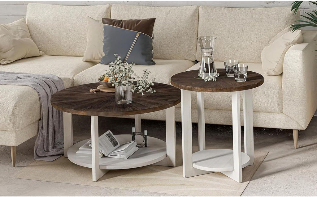 Round Wood Coffee Tables with Storage, Rustic Farmhouse Coffee Table with Distressed Wood Top, Large Circle Table for Living Room, Brown, 32Dx32Wx19.5H in