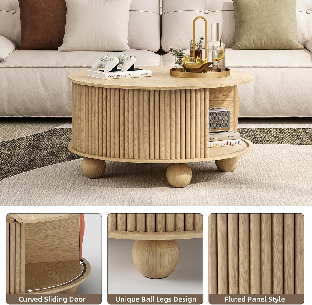 Round Coffee Table with Storage, 31.5' Mid Century Modern Coffee Table with Sliding Door & Bun Feet, Minimalist Fluted Center Table for Living Room, Home Small Space, Oak