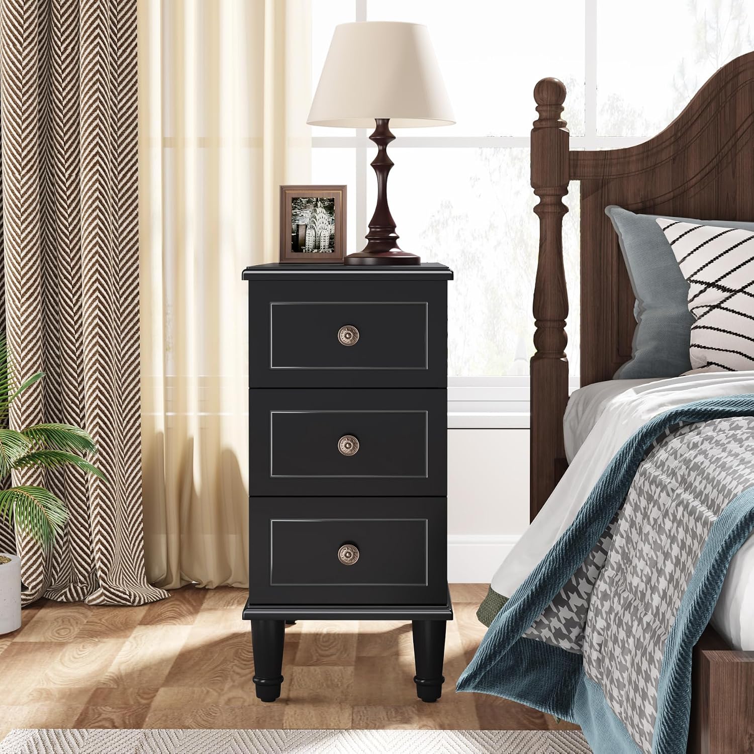 Tribesigns Solid Wood End Table Set of 2, Fully Assembled Narrow Side Table with Drawers, Pre-Assembled Nightstand Slim Bedside Table for Small Spaces, Living Room, Bedroom, Black