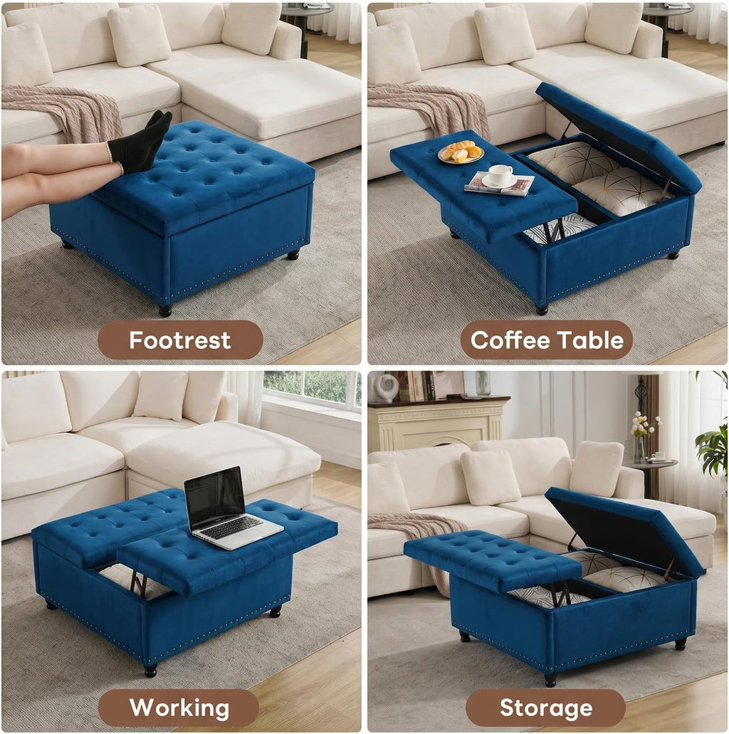Tbfit Large Square Storage Ottoman Bench, Tufted Upholstered Coffee Table Ottoman with Lift Top & Wooden Legs, Oversized Storage Ottomans Toy Box for Living Room (Blue Velvet)