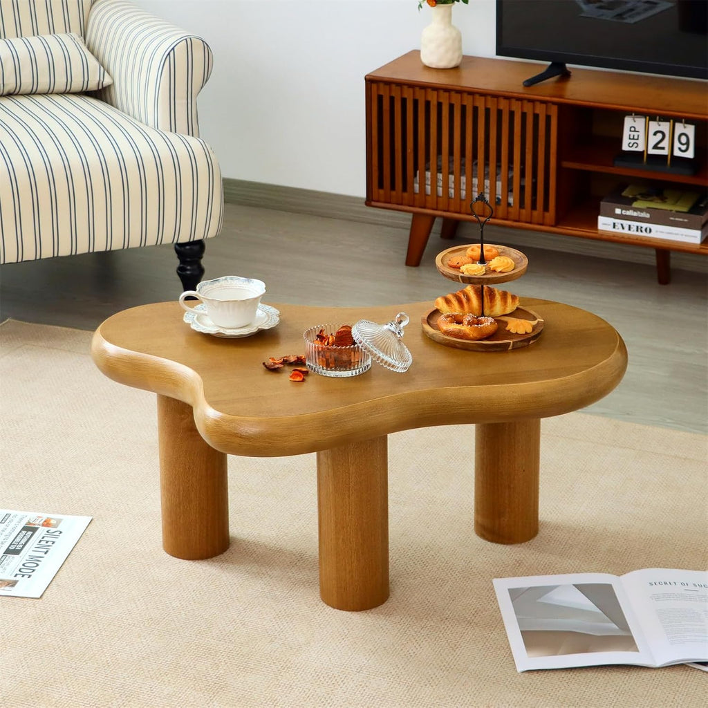 34'(L) Cloud Coffee Table, Modern Wood Coffee Table for Living Room, Accent Center Tables with 3 Legs, Small Tea Tables for Balcony, Patio, Bedroom, Wood