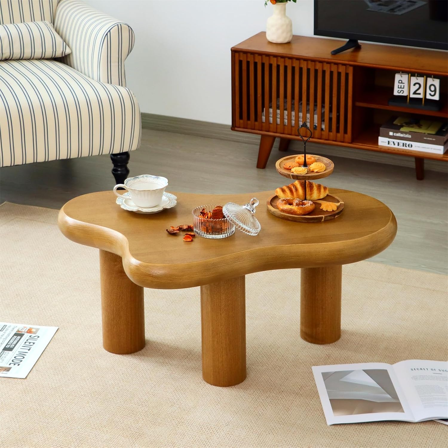 34'(L) Cloud Coffee Table, Modern Wood Coffee Table for Living Room, Accent Center Tables with 3 Legs, Small Tea Tables for Balcony, Patio, Bedroom, Wood