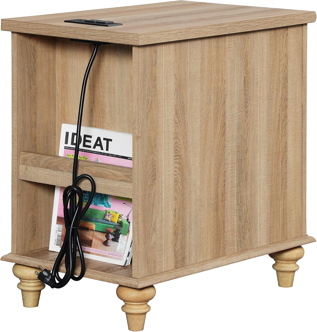WAMPAT Farmhouse End Table with Charging Station, Wood Side Table with Power Outlets & USB Ports, Rattan Nightstand with Drawer for Living Room, Bedroom, Oak