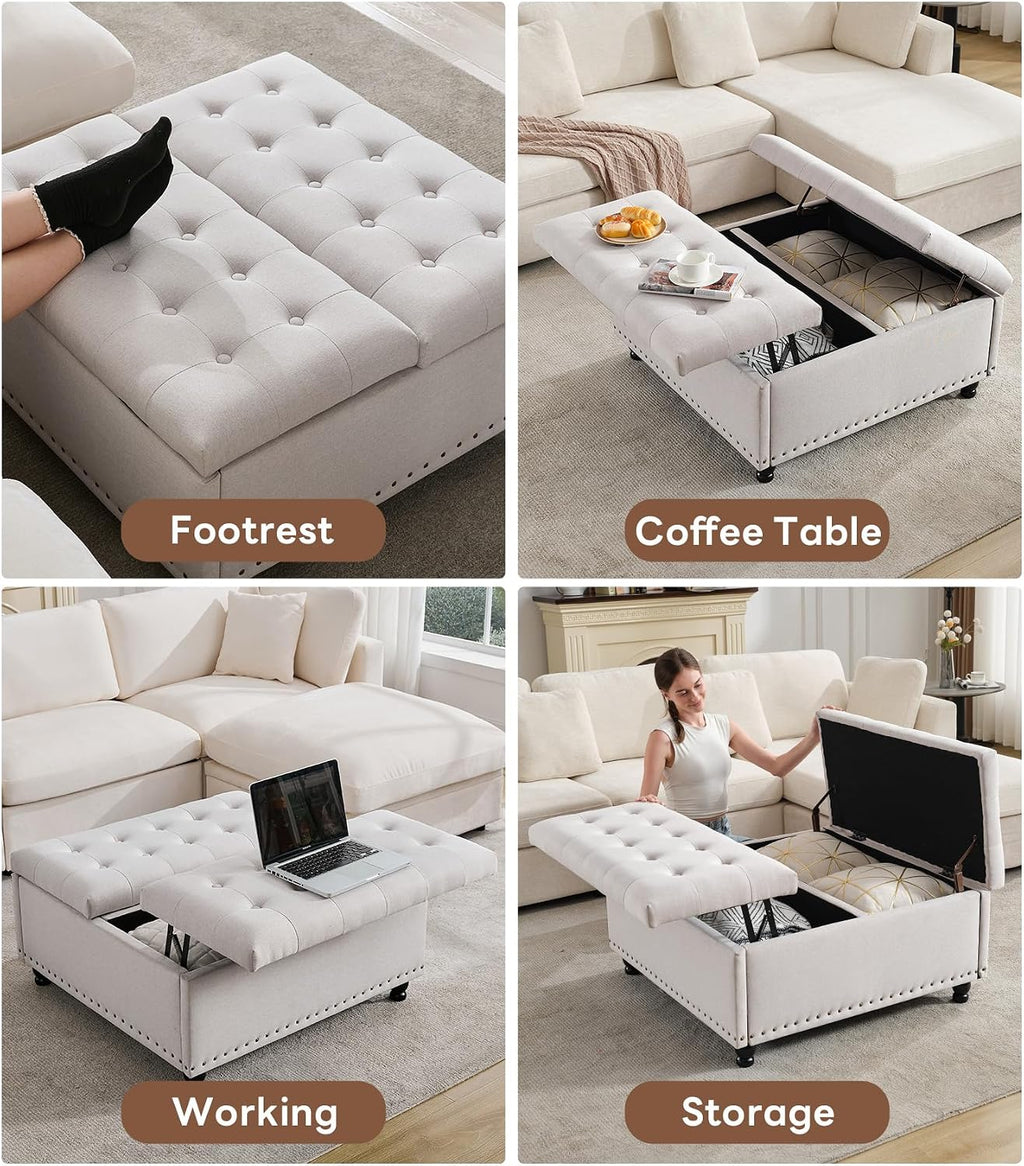 Tbfit Large Square Storage Ottoman Bench, Tufted Upholstered Coffee Table with Lift Top & Solid Wood Legs, Oversized Storage Ottomans Toy Box for Living Room (Beige)