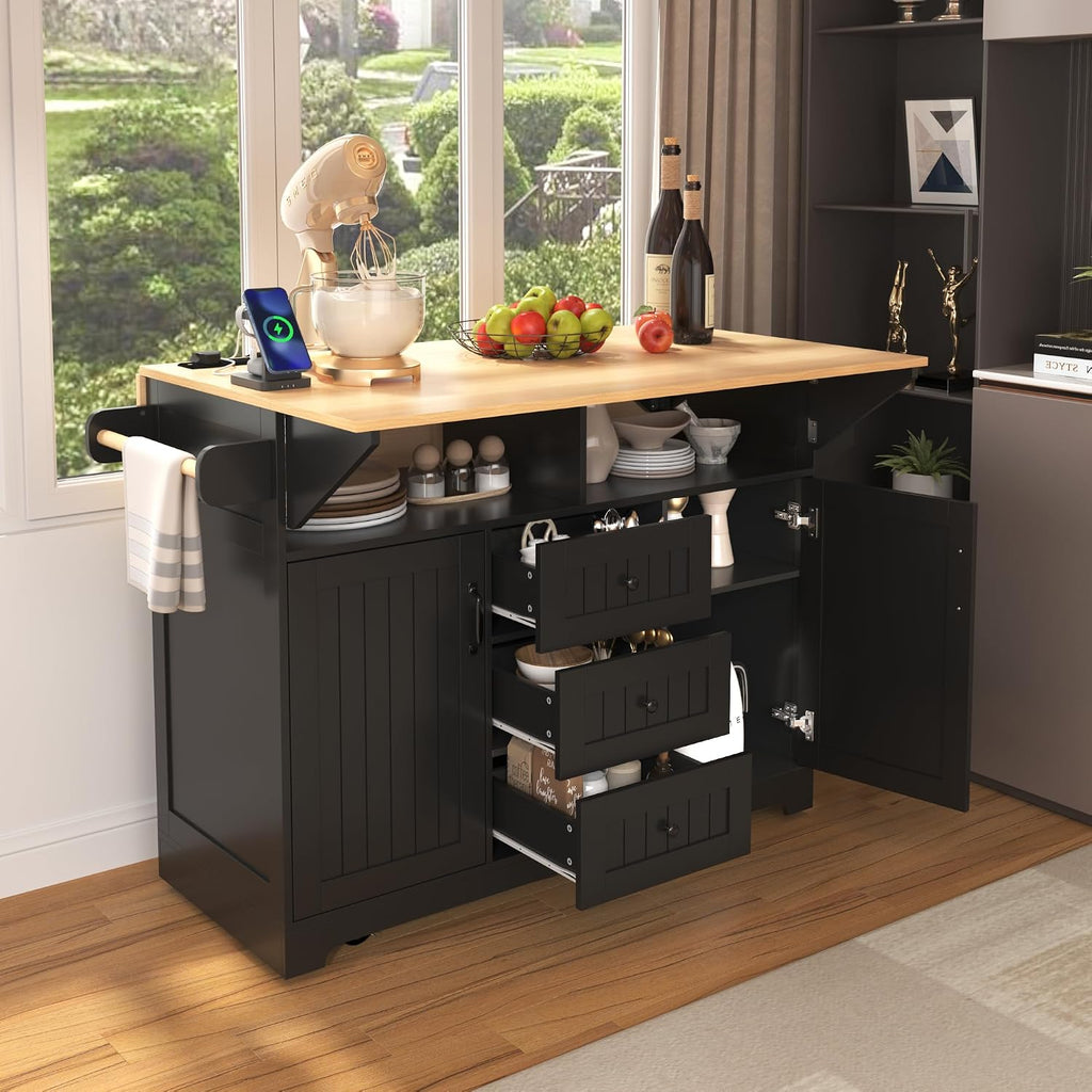 Merax 55.7' Upgraded Large Kitchen Cart Island on Wheels with 2 Drop Leaf,Power Outlet,3 Drawers,Wood Frame Storage Cabinet