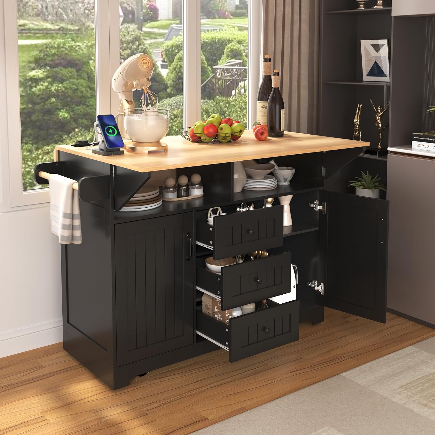 Merax 55.7' Upgraded Large Kitchen Cart Island on Wheels with 2 Drop Leaf,Power Outlet,3 Drawers,Wood Frame Storage Cabinet
