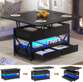 Itaar 40' Lift Top Coffee Table, 4 in 1 Coffee Tables with Storage for Living Room, Small Farmhouse Coffee Table with 2 Drawers & LED Light for Dining Reception Room, Black