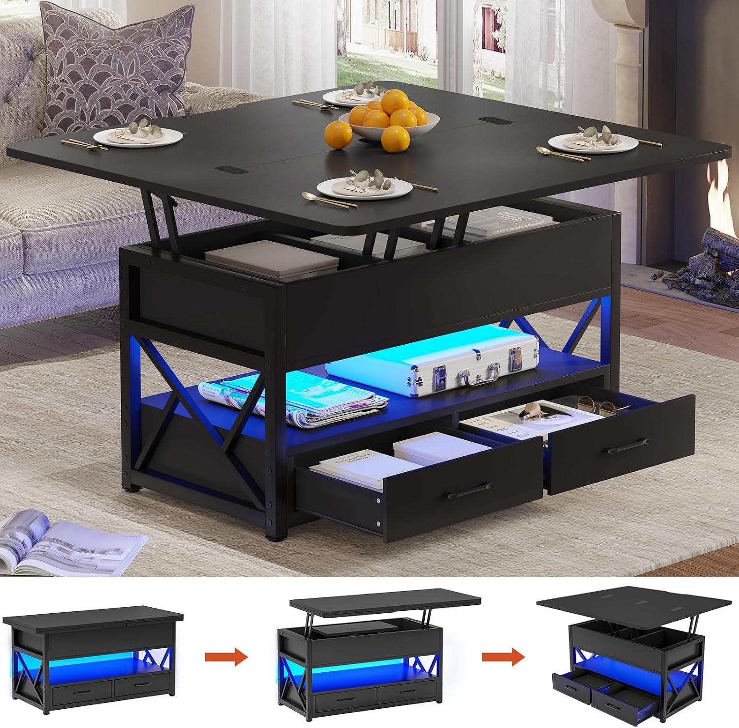 Itaar 40' Lift Top Coffee Table, 4 in 1 Coffee Tables with Storage for Living Room, Small Farmhouse Coffee Table with 2 Drawers & LED Light for Dining Reception Room, Black