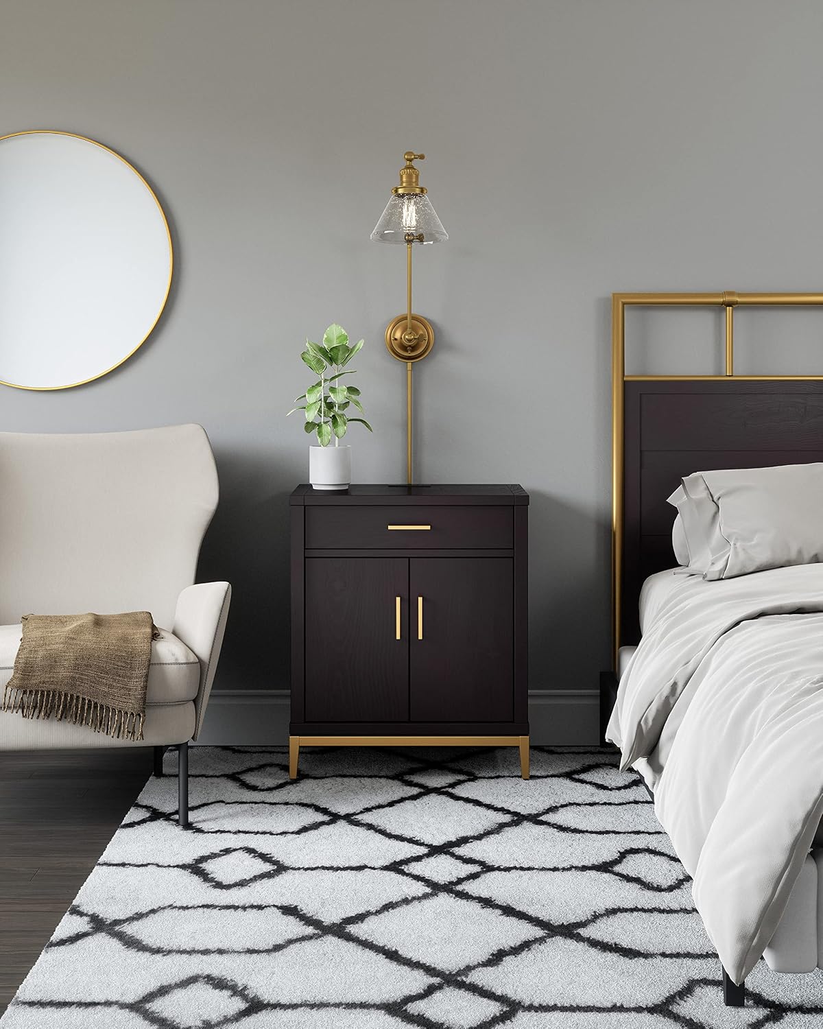 Leick Home Julien Nightstand Side Table One Drawer and Lower Cabinet Modern – Fast Charging Station – Durable Solid Wood – Living Room, Bedroom, Office, Black with Gold Trim, 9079–BLKGD