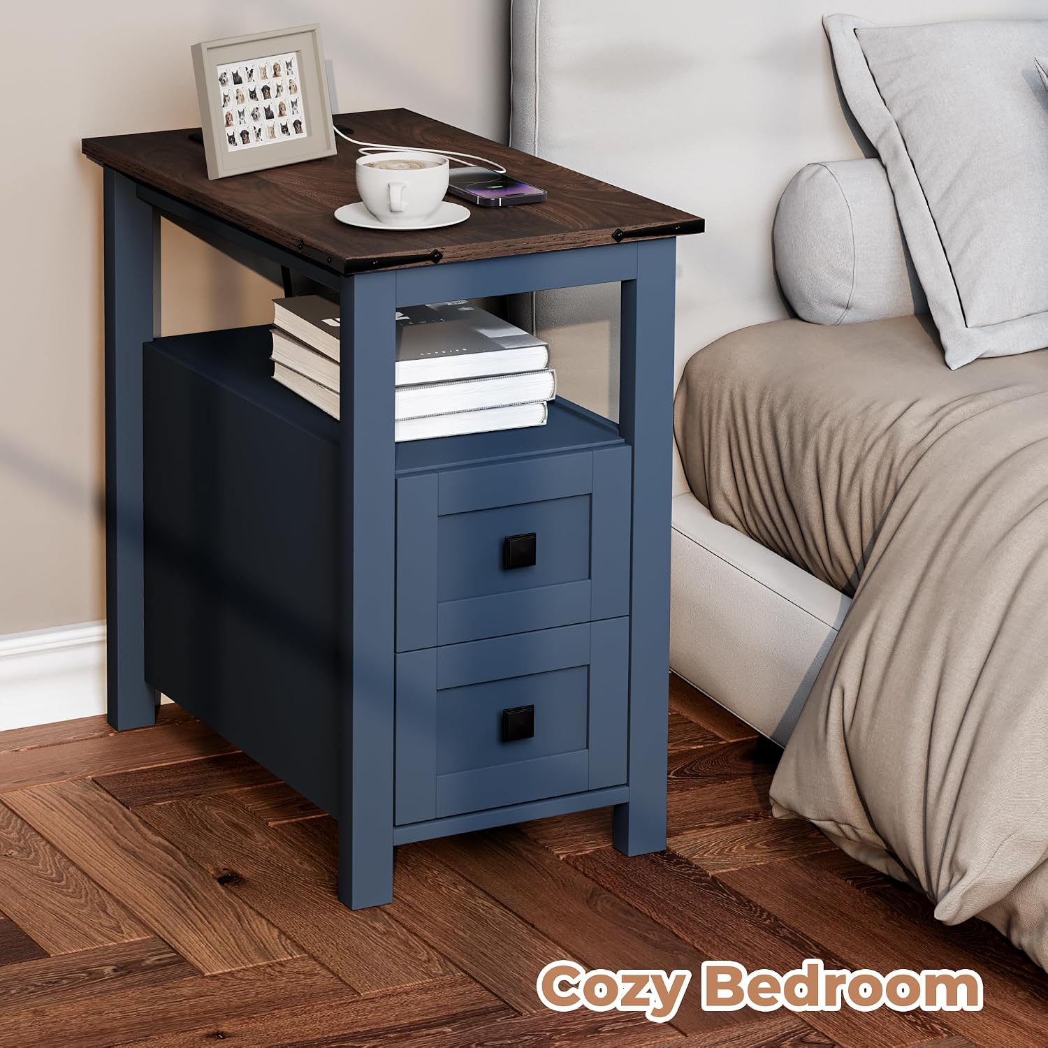 VVFLU Farmhouse End Table with Charging Station and 2 Storage Drawers, Blue Wood Nightstand Narrow, Skinny Side Table Rustic, Slim Bedside Table, Open Shelf, Small for Bedroom, Living Room, Sofa