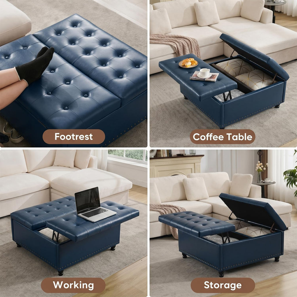Tbfit Large Square Storage Ottoman Bench, Tufted Upholstered Coffee Table Ottoman with Lift Top & Wooden Legs, Oversized Storage Ottomans Toy Box for Living Room (Blue PU)