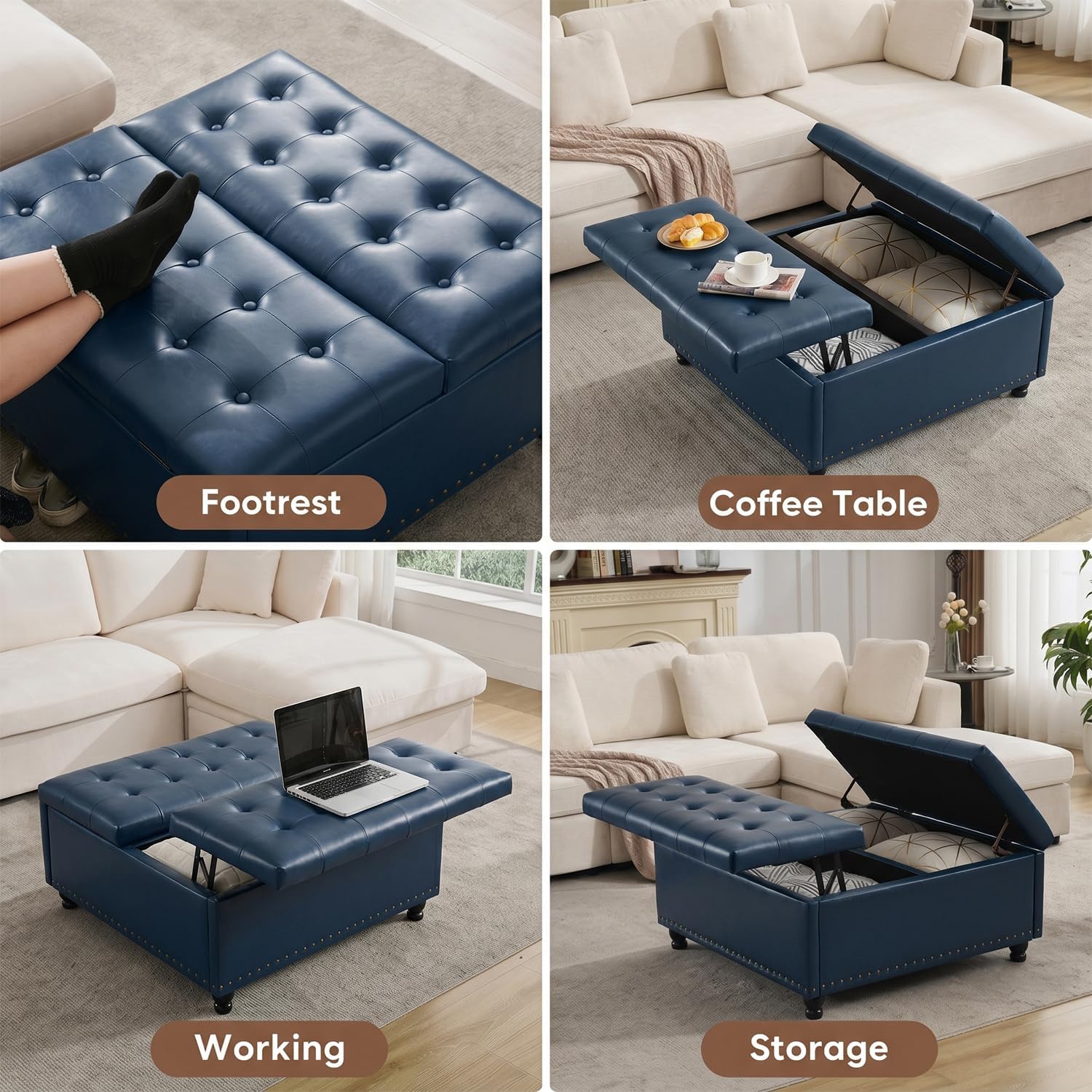 Tbfit Large Square Storage Ottoman Bench, Tufted Upholstered Coffee Table Ottoman with Lift Top & Wooden Legs, Oversized Storage Ottomans Toy Box for Living Room (Blue PU)