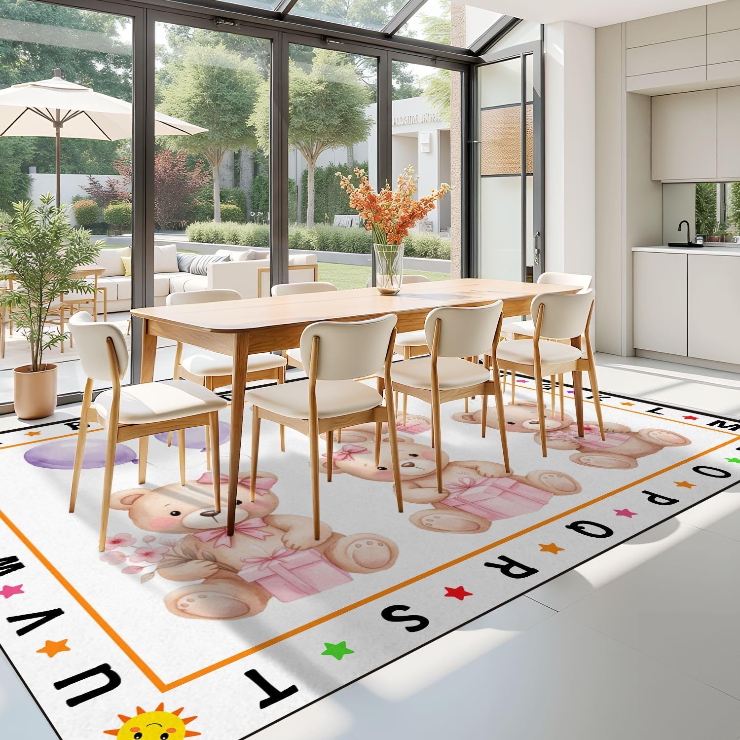 10x14 Kids Learning Rug Washable Area Rugs Set Teddy Bears Pink Balloon Party Cute Baby Teddy Bear Alphabet ABC Learning Carpet Soft Rubber Backed Non-Slip Carpets for Classroom Preschool Nursery