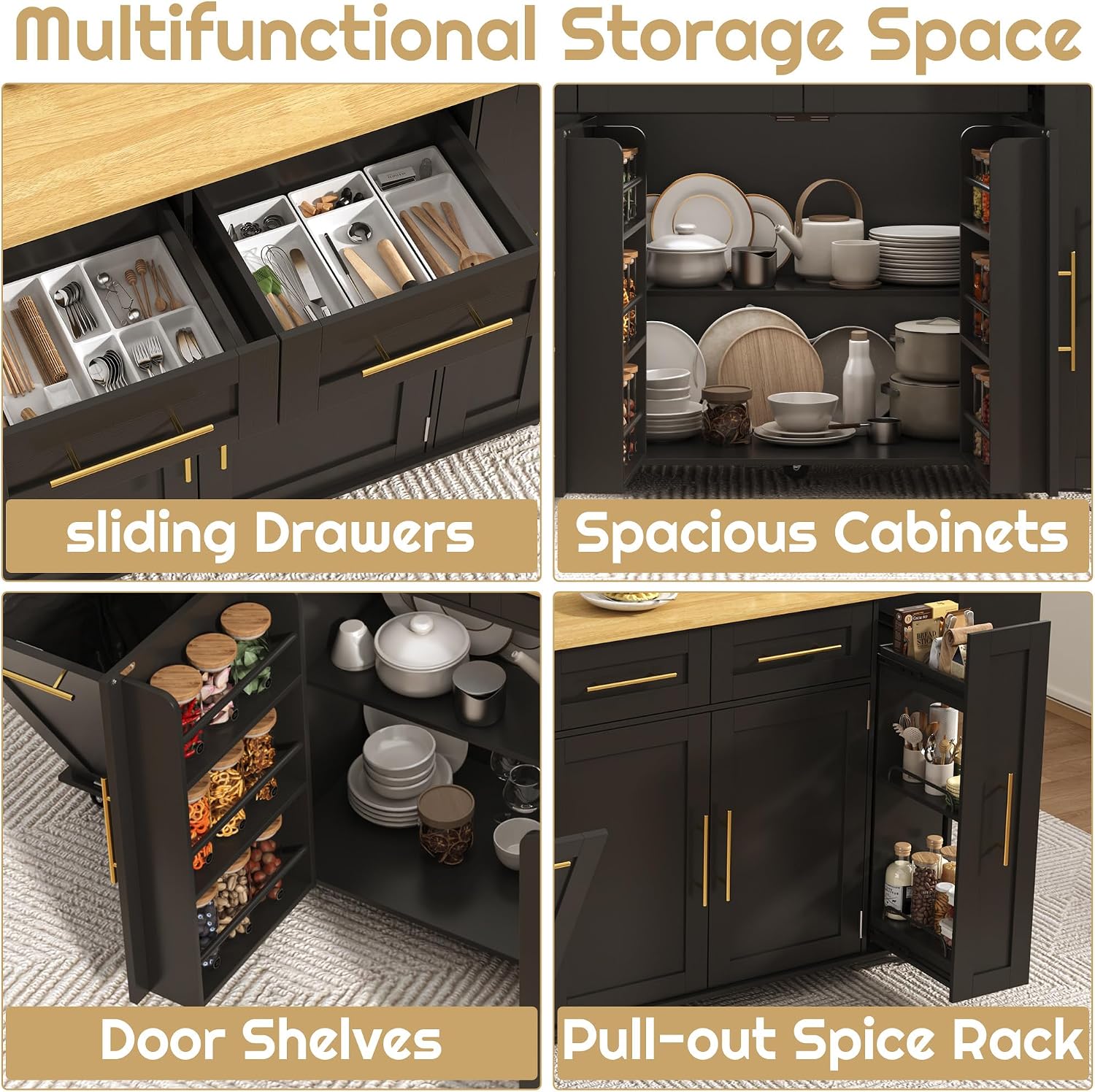 69' Large Kitchen Island on Wheels, Kitchen Rolling Island Cart with Trash Storage Cabinet, Power Outlet, 3-Tier Pull-out Storage Trays, Drop Leaf, Spice Rack, Mobile Island Table for Kitchen, Black