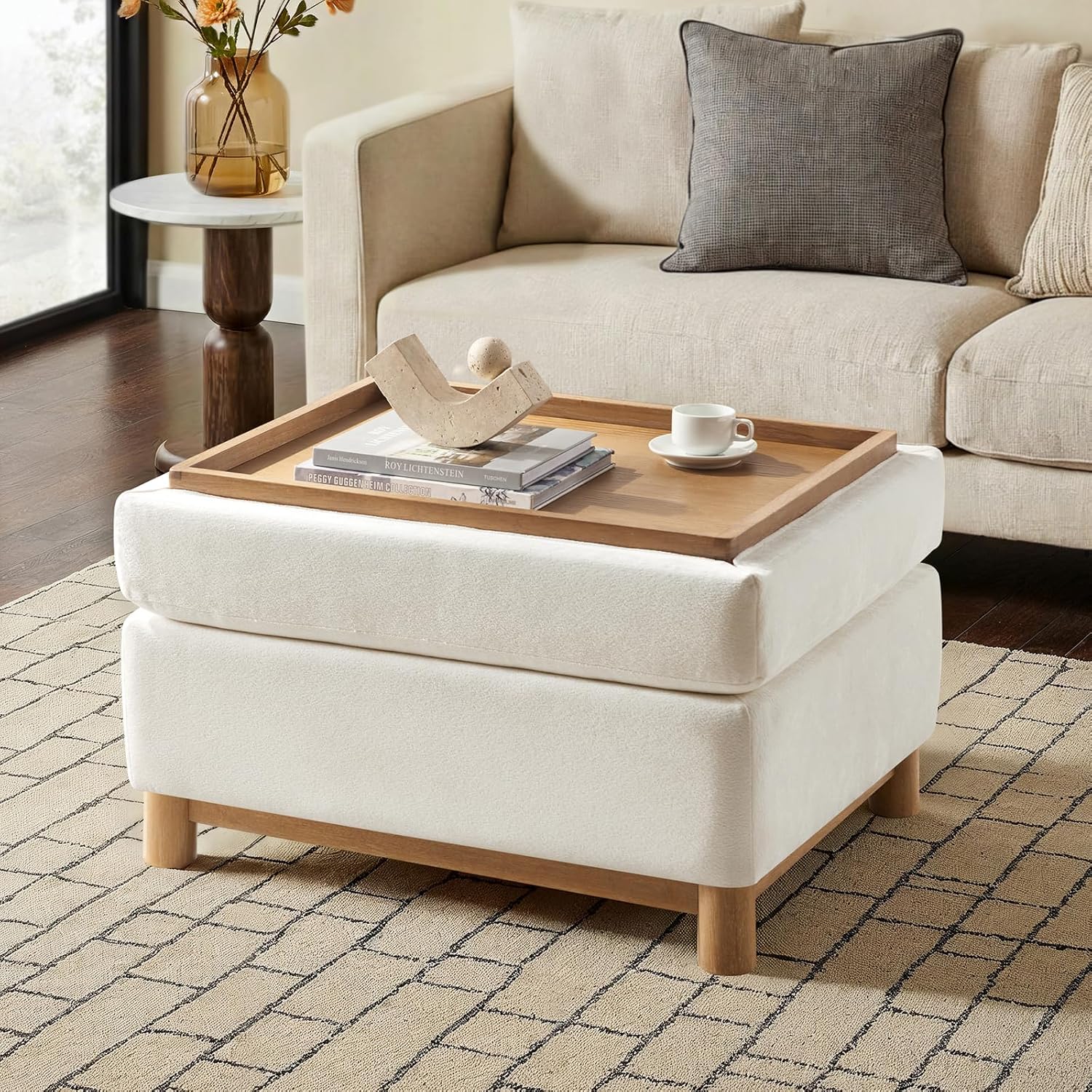 HULALA HOME 30.25' Ottoman Coffee Table with Reversible Tray Lid, Modern Upholstered Storage Ottoman with Solid Wood Base, Removable Top, Footrest and Extra Seating for Bedroom or Living Room, Ivory