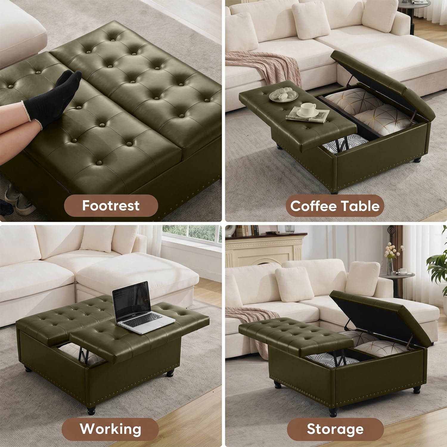 Tbfit Large Square Storage Ottoman Bench, Tufted Upholstered Coffee Table Ottoman with Lift Top & Wooden Legs, Oversized Storage Ottomans Toy Box for Living Room (Green PU)