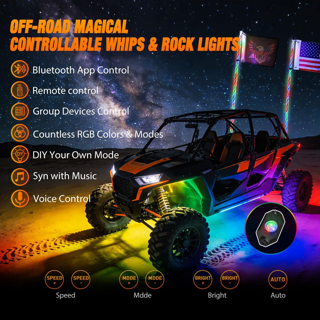 Nilight 2PCS 4FT RGB LED Whip Light with Spring Base and 4 PCS Rock Lights Combo, Remote App Control w/DIY Chasing Patterns Turn Signal Brake Reverse Antenna Lighted Whips for ATV UTV Polaris RZR Jeep