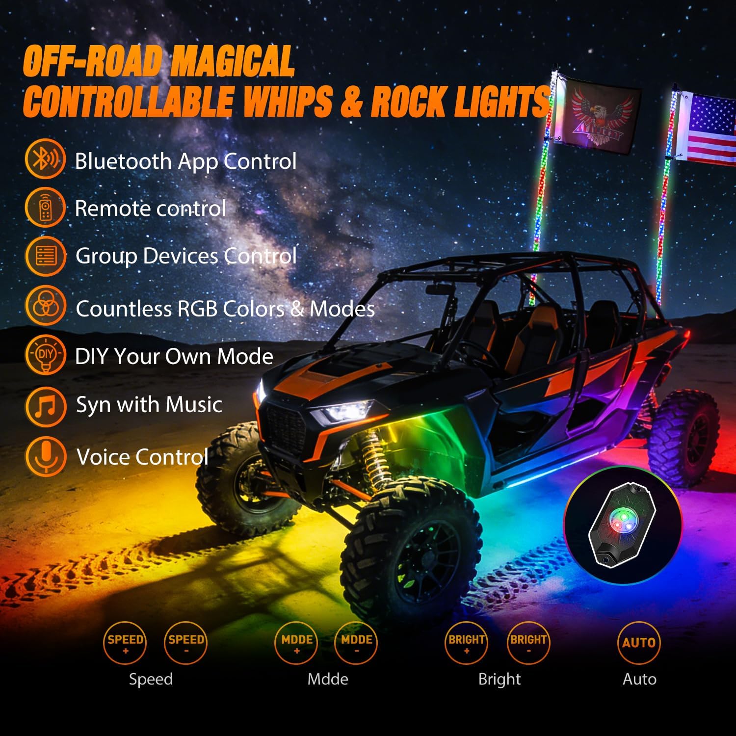 Nilight 2PCS 4FT RGB LED Whip Light with Spring Base and 6 PCS Rock Lights Combo, Remote App Control w/DIY Chasing Patterns Turn Signal Brake Reverse Antenna Lighted Whips for ATV UTV Polaris RZR Jeep