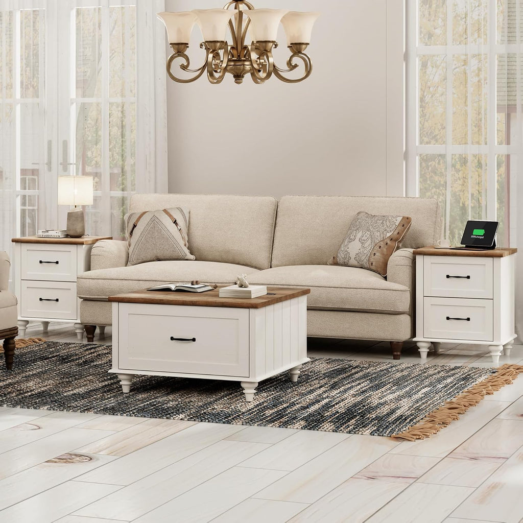 WAMPAT White Coffee Table with Lift Top & Drawer, Square Center Table with Hidden Storage Compartment, Farmhouse Wood Coffee Table for Living Room, 30 Inch