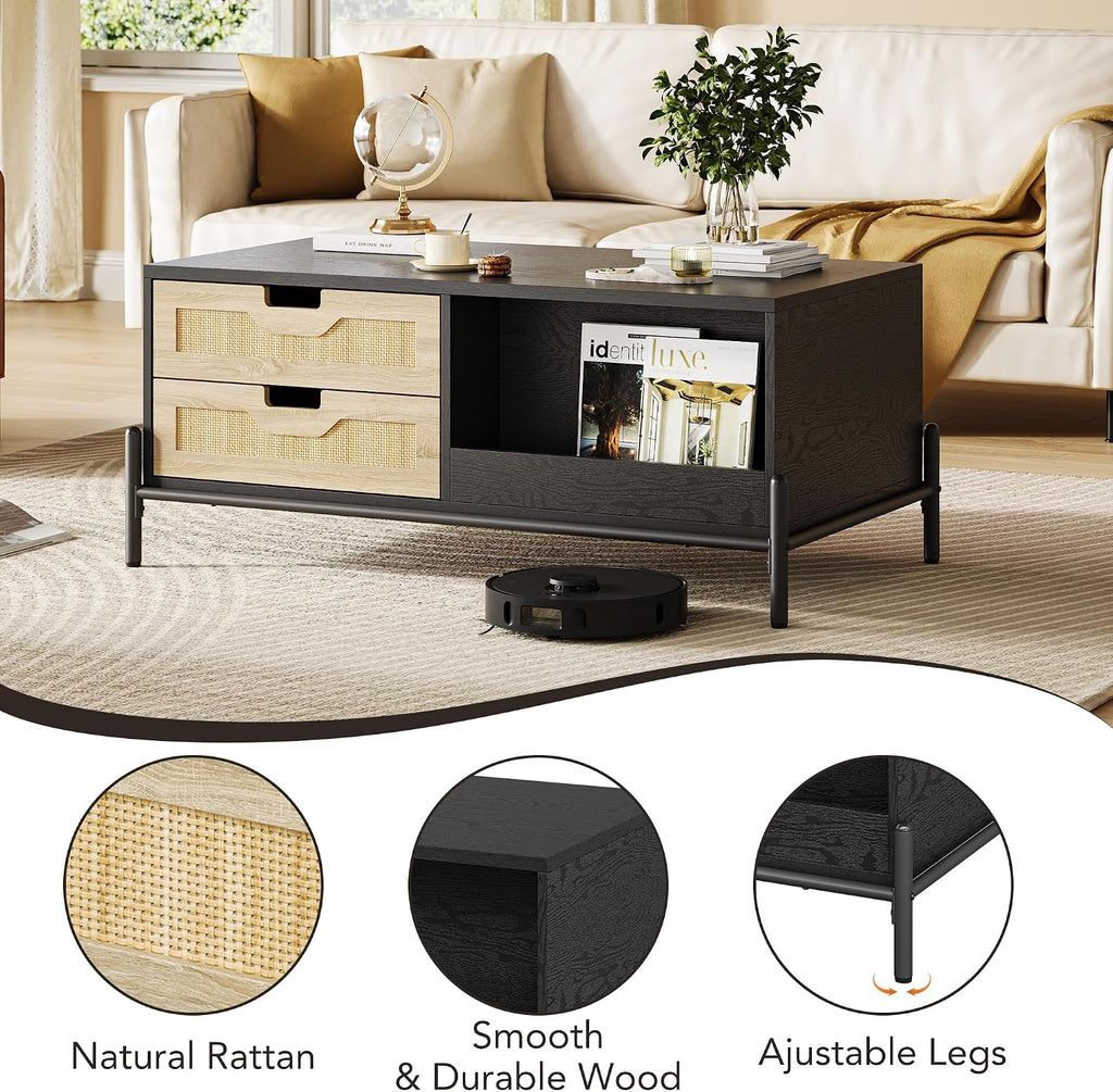 GarveeHome 40.7' Coffee Table with LED Lights for Living Room, Modern Coffee Tables with 4 Drawers and Open Storage Shelf, Farmhouse Coffee Table with Study Metal Legs，Black+Oak