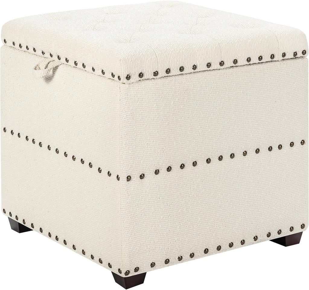 Adeco 18' Velvet Storage Ottoman with Tray Top, Modern Square Cube Footrest Coffee Table for Living Room, Bedroom, Dorm - Warm White, No Assembly Required