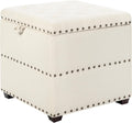 Adeco 18' Velvet Storage Ottoman with Tray Top, Modern Square Cube Footrest Coffee Table for Living Room, Bedroom, Dorm - Warm White, No Assembly Required