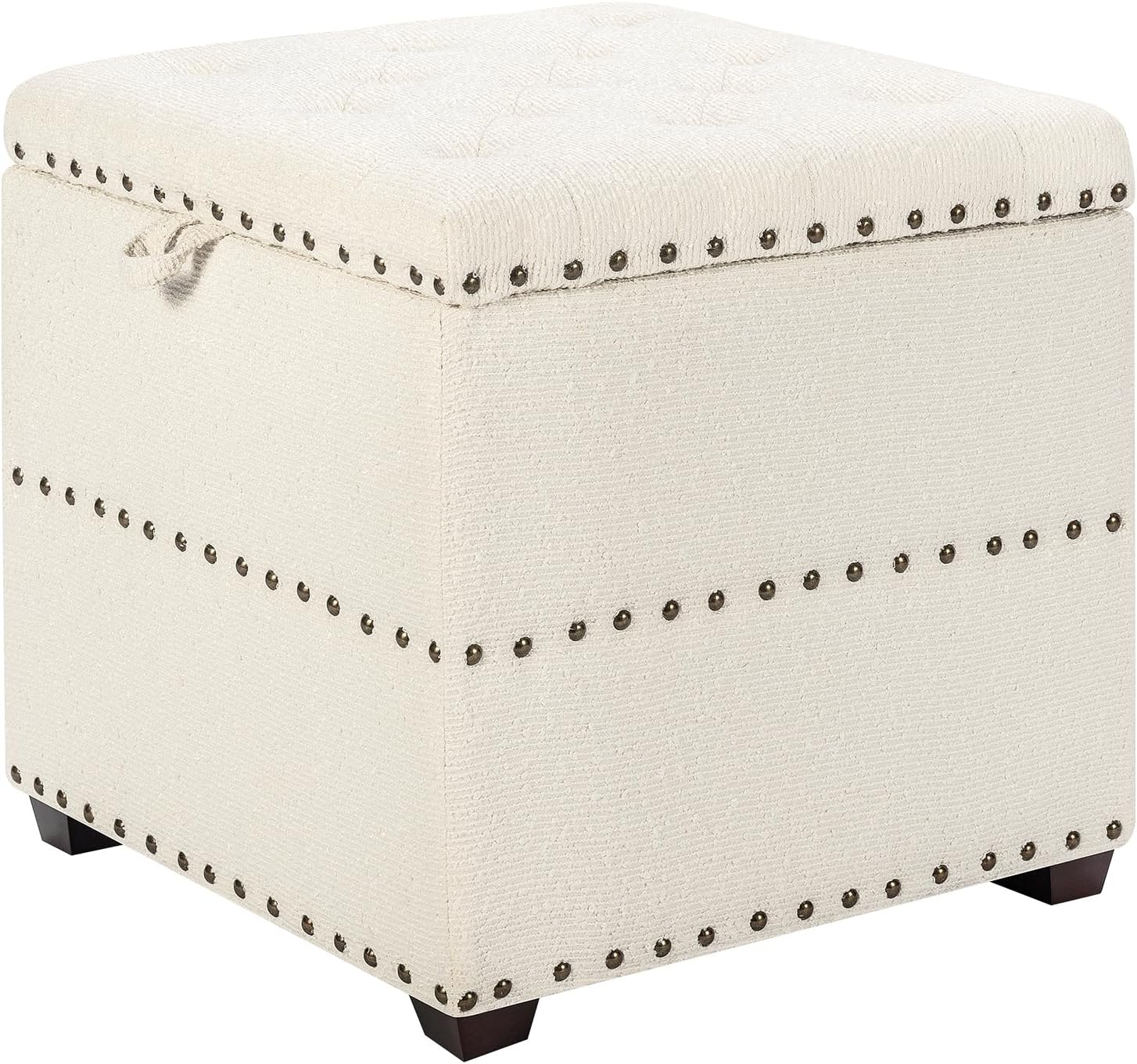 Adeco 18' Velvet Storage Ottoman with Tray Top, Modern Square Cube Footrest Coffee Table for Living Room, Bedroom, Dorm - Warm White, No Assembly Required