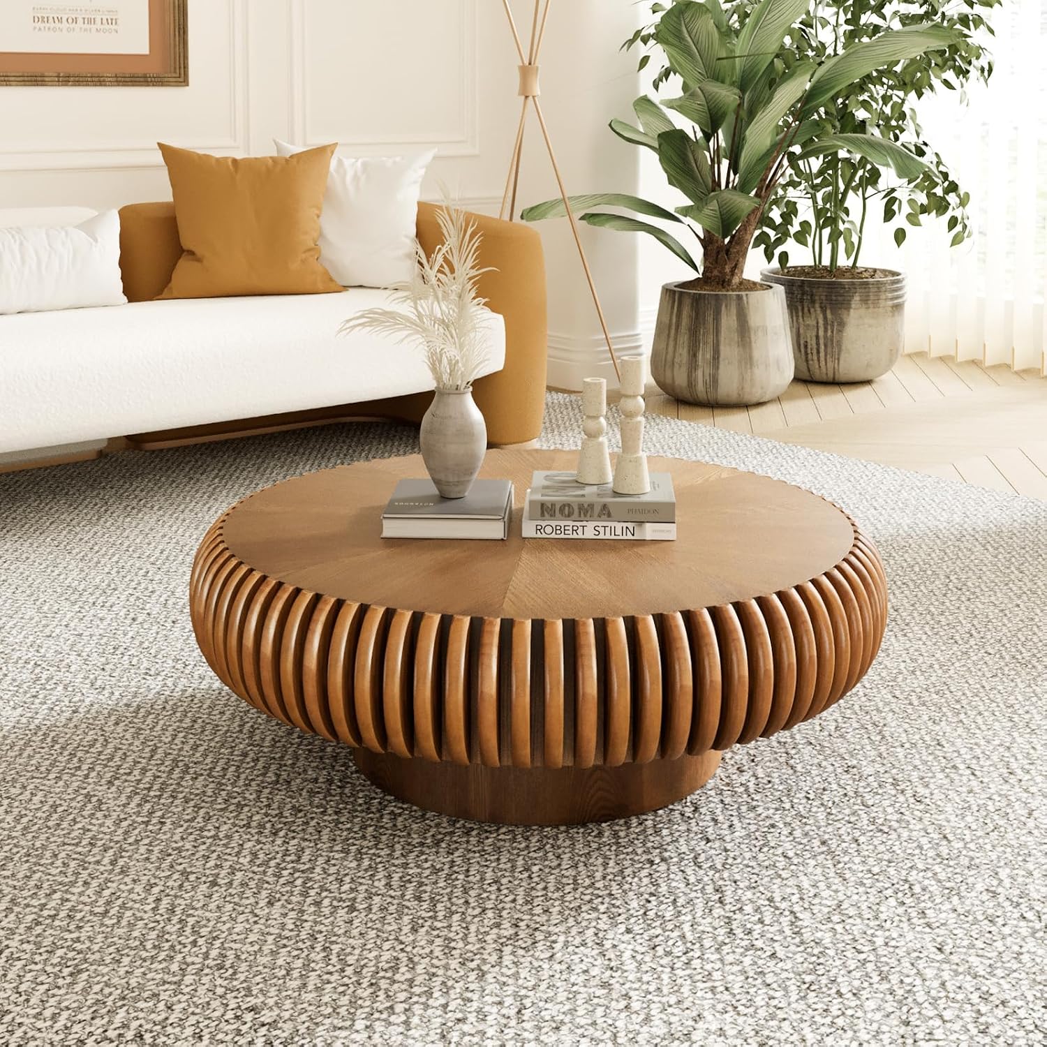 Round Drum Coffee Table for Living Room, Mid Century Modern Coffee Table with Sturdy Pedestal, Farmhouse Fluted Circle Center Table Accent Tea Table for Apartment (31.5' Brown)