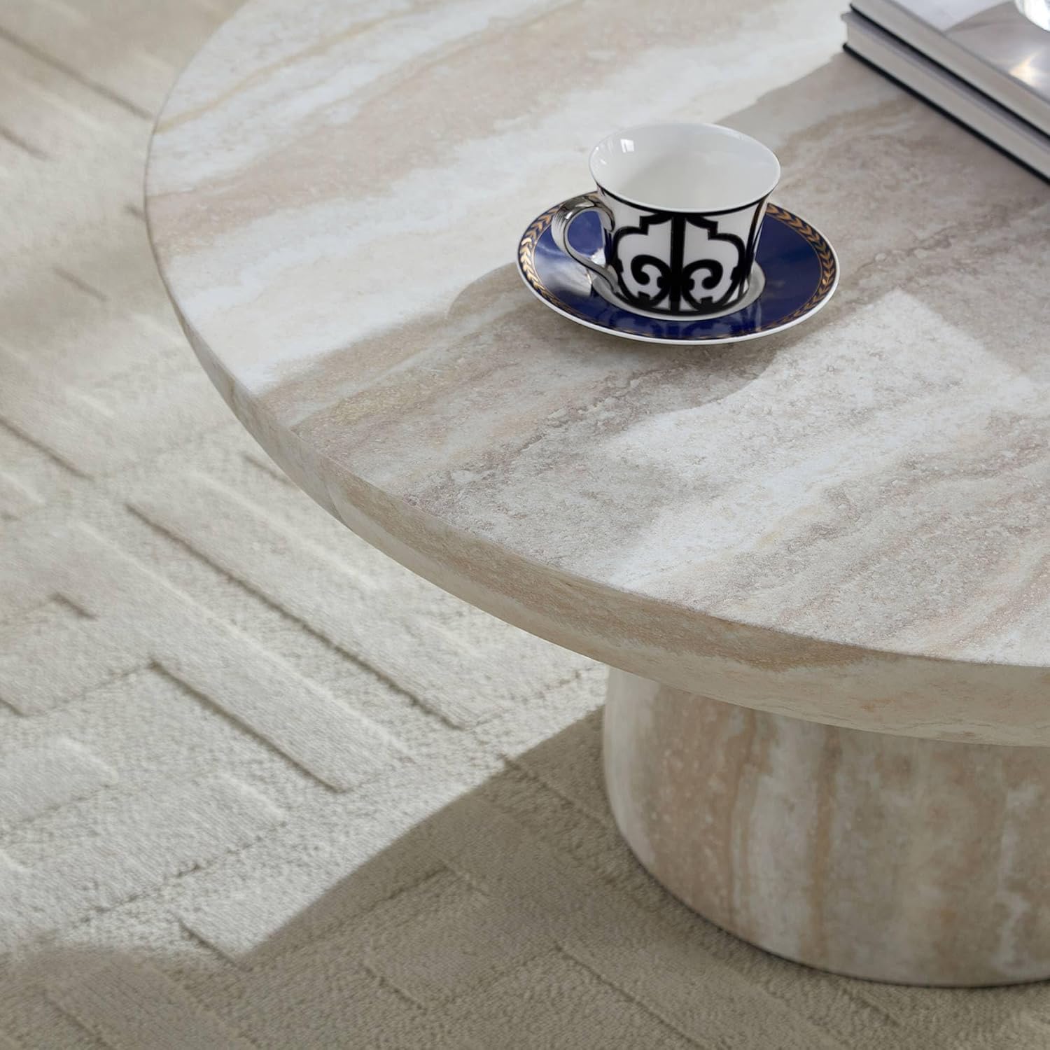 31.5' Round Coffee Table with Round Pedestal, Fiberglass Faux Marble Tabletop for Living Room, Modern Circle Center Table Tea Table for Apartment, Office, Beige Mars Pattern
