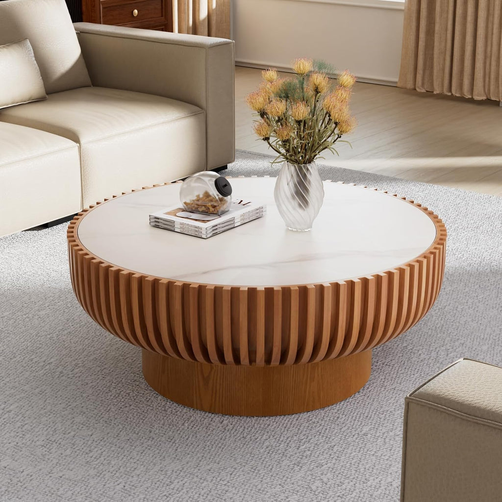 Fluted Round Coffee Table, 31.5' Drum Coffee Table with Sintered Stone Tabletop, Modern Wood Circle Center Table for Living Room Apartment, Easy Assembly (31.5' Sintered Stone Tabletop)