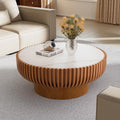 Fluted Round Coffee Table, 31.5' Drum Coffee Table with Sintered Stone Tabletop, Modern Wood Circle Center Table for Living Room Apartment, Easy Assembly (31.5' Sintered Stone Tabletop)