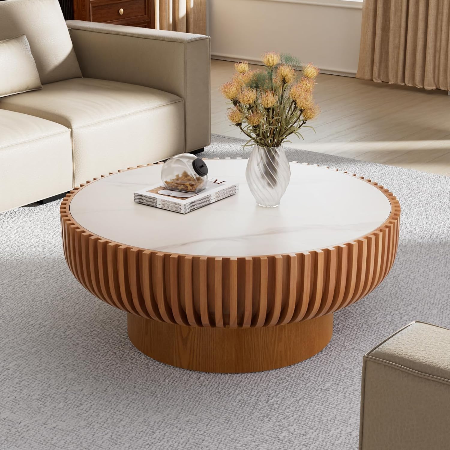 Fluted Round Coffee Table, 31.5' Drum Coffee Table with Sintered Stone Tabletop, Modern Wood Circle Center Table for Living Room Apartment, Easy Assembly (31.5' Sintered Stone Tabletop)