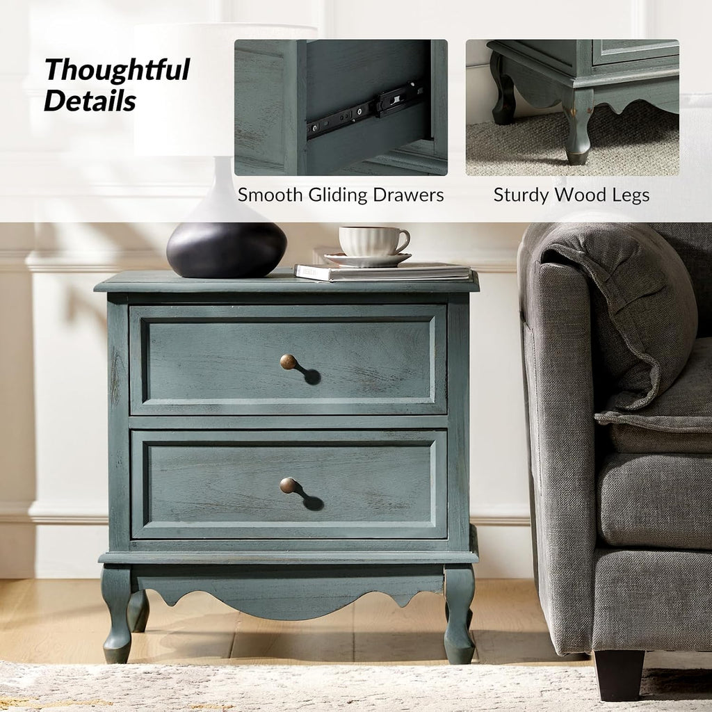 HULALA HOME Solid Wood End Table with Charging Station Space, Vintage Endtable with Wood Legs and 2 Drawers, French Side Table for Living Room，Blue