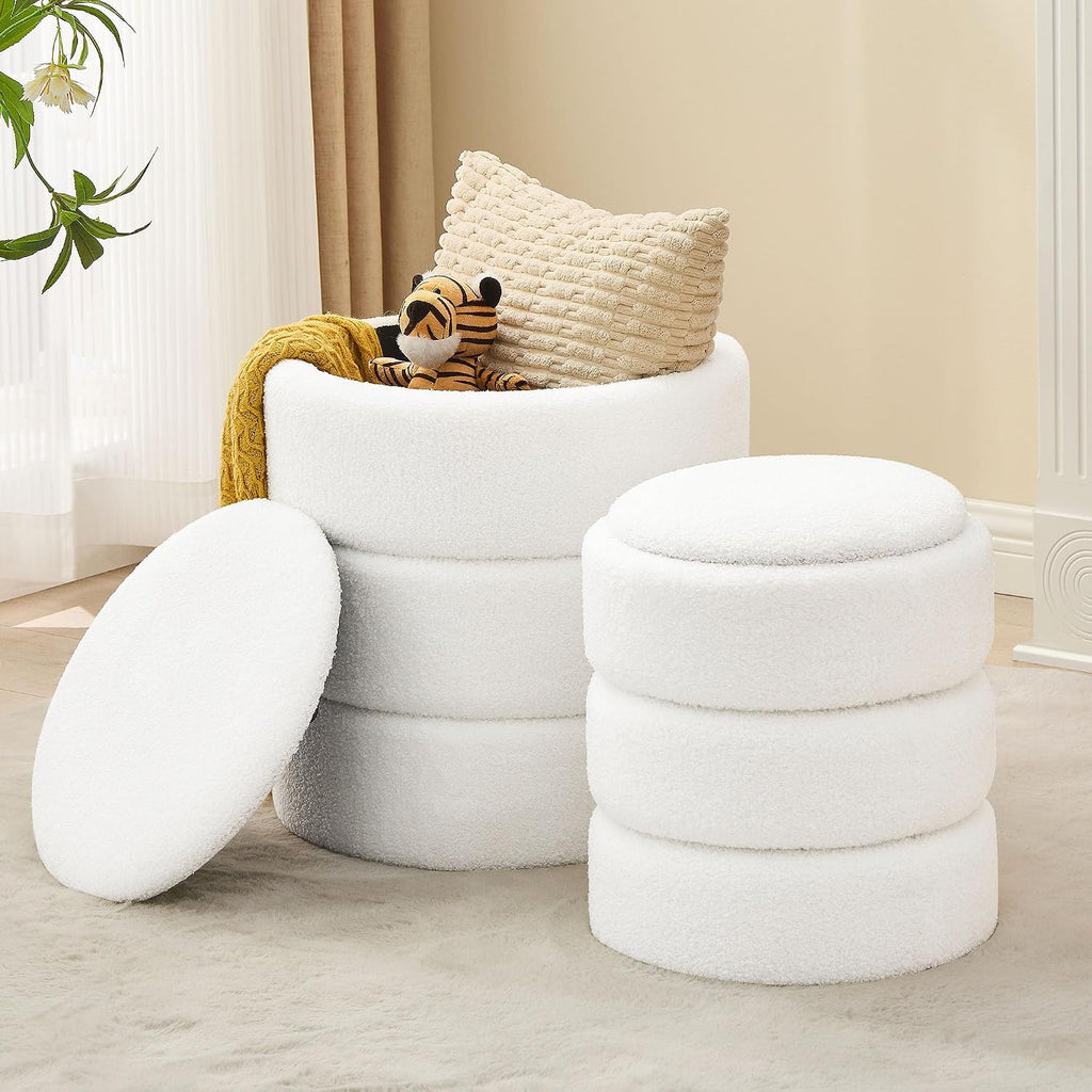 oakvivo Round Ottoman with Storage Set of 2, Soft Teddy Velvet Upholstered Foot Stool Vanity Chairs, Support 330lbs Padded Seat Multifunctional Ottomans Footrest, Foot Rest for Living Room, White