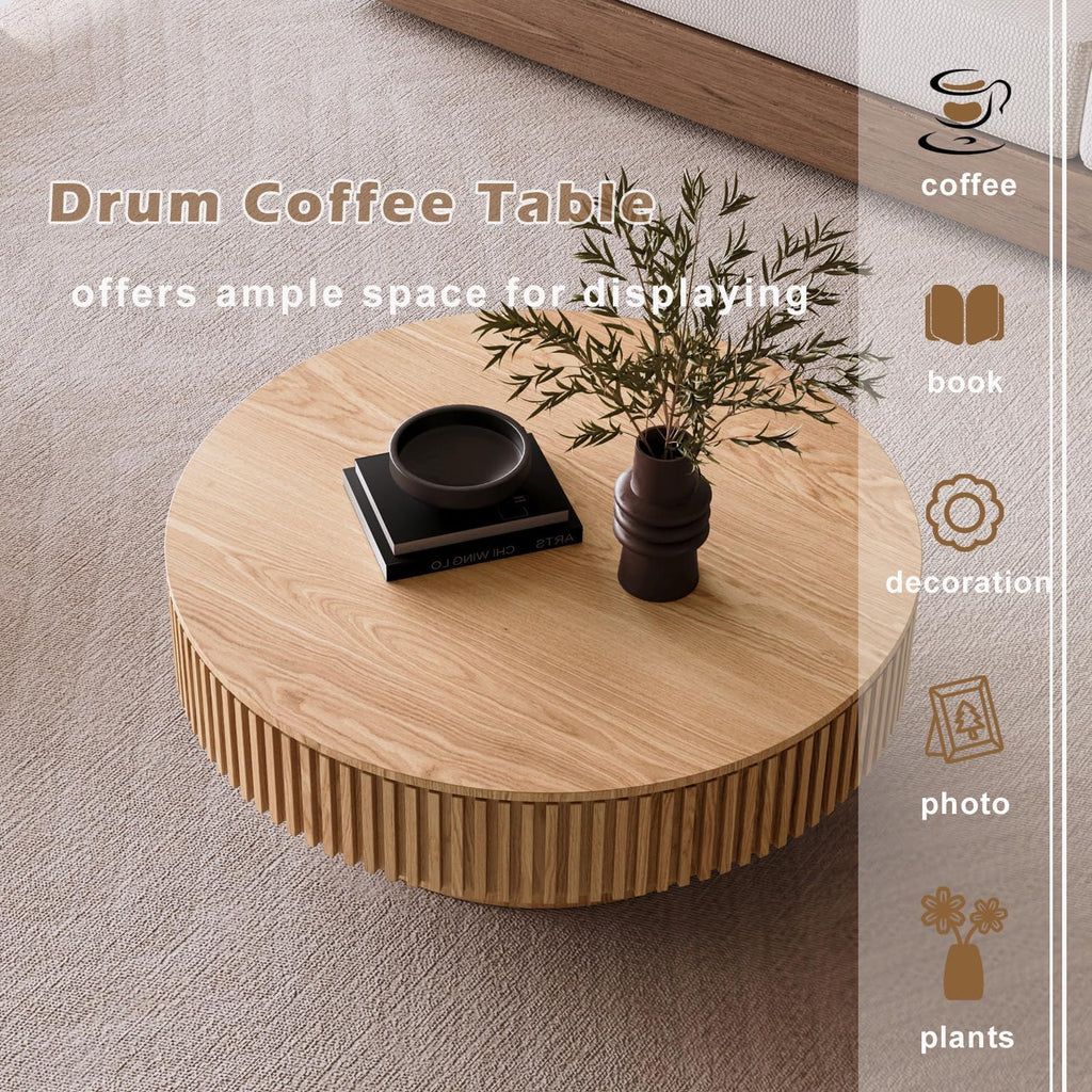 39'' Round Coffee Table with Storage, Modern Wooden Coffee Table with Solid Wood Veneered, Circle Center Table Accent Tea Table for Living Room Apartment Natural Wood