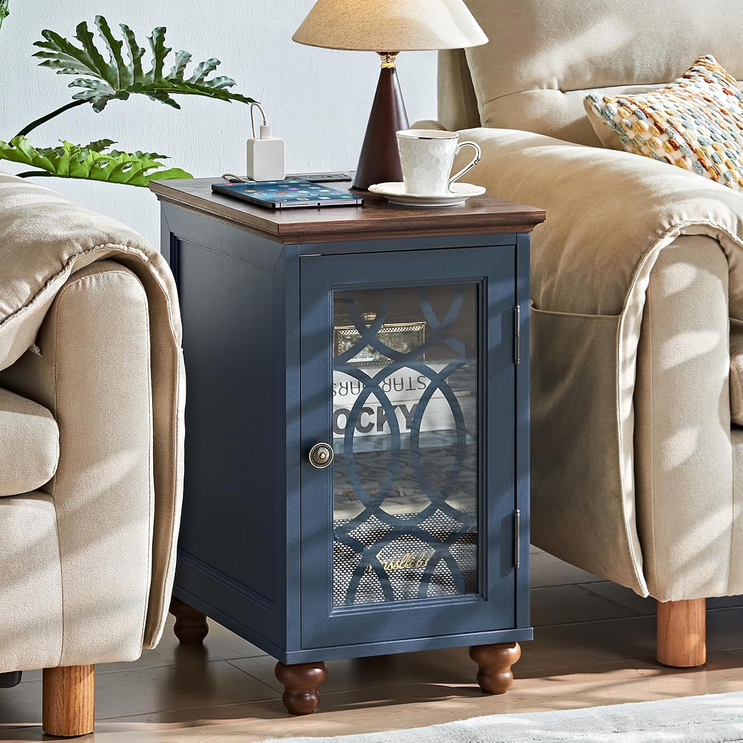 Joaxswe Narrow Side Table with Charging Station Set of 2, Night Stand with Glass Door,Bedside End Tables with Adjustable Shelf Storage Cabinet,Wood Nightstand for Small Spaces Living Room Bedroom