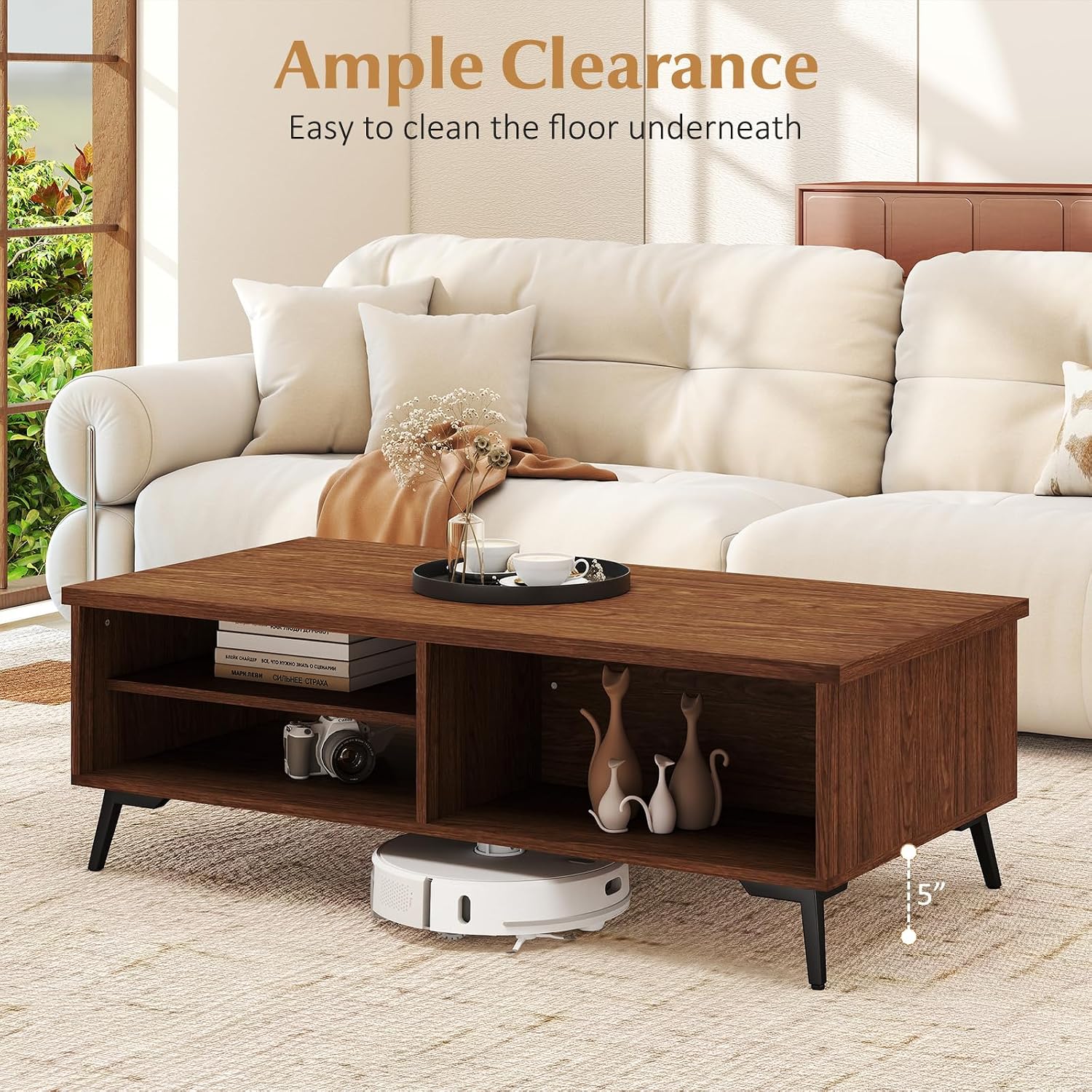 Giantex Mid Century Modern Coffee Table, 2-Tier Wood Rectangular Center Table with Storage Shelves, Compartments & Metal Legs, Vintage Living Room Tables for Reception (Walnut)