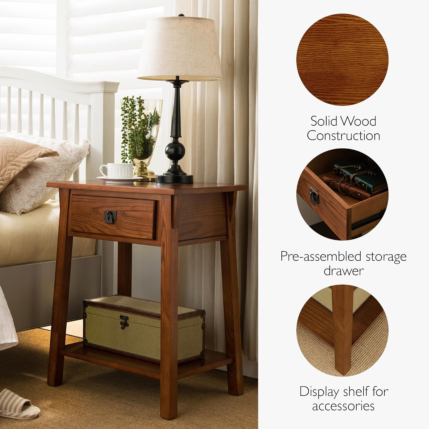 Leick Home Mission End Table, Solid Wood, 1 Storage Drawer, Bottom Display Shelf, Easy-Assembly, For Living Room/Bedroom, Russet, 16.0 in. L x 22.0 in. W x 28.0 in. H, 9066-RS