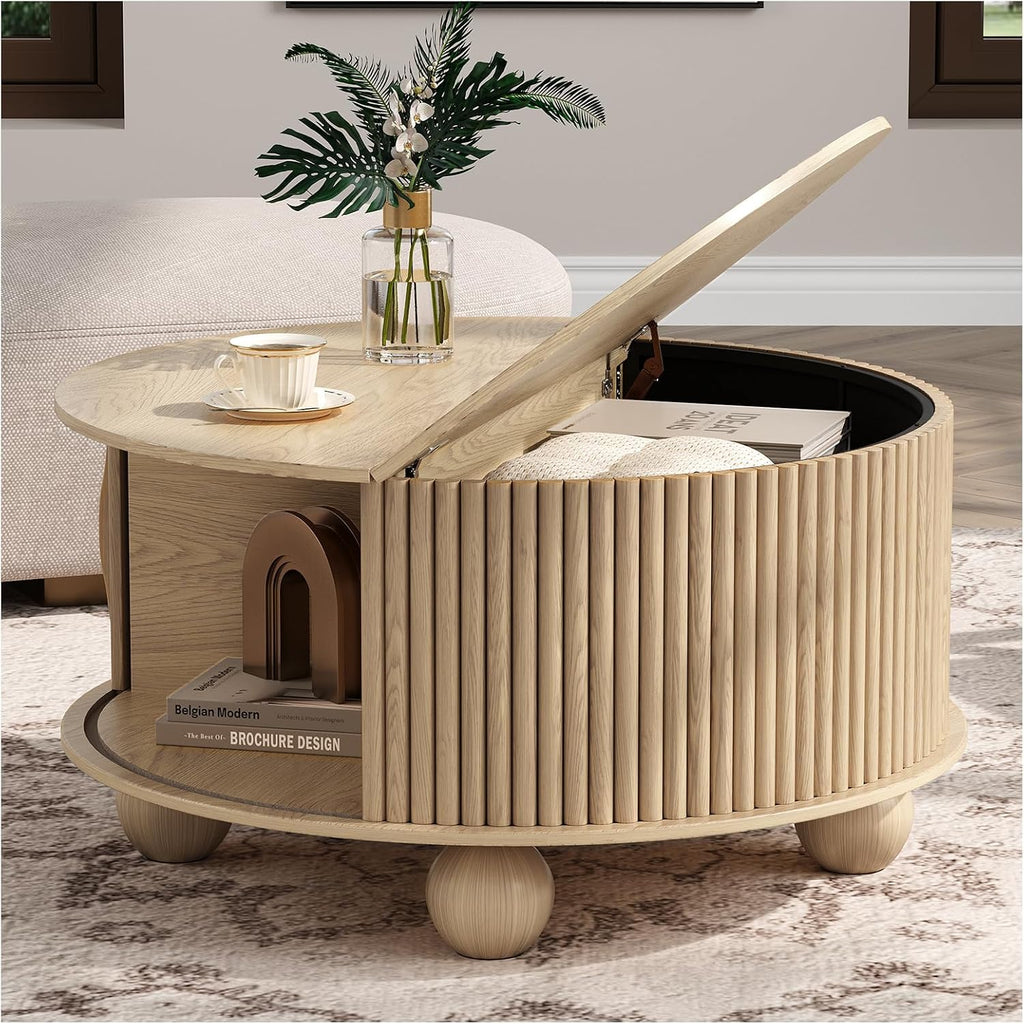 Round Coffee Table with Storage, 31.5' Mid Century Modern Coffee Table with Sliding Door & Bun Feet, Minimalist Fluted Center Table for Living Room, Home Small Space, Oak